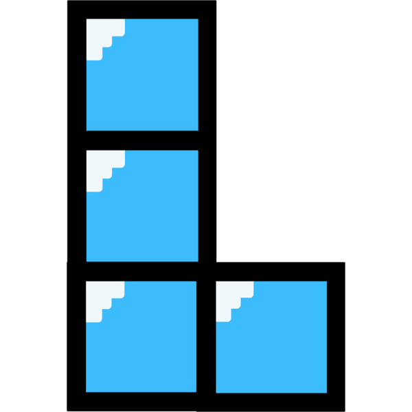 A Level 0 colored cyan L-shaped Tetris block with pixelated light points and a black outline.